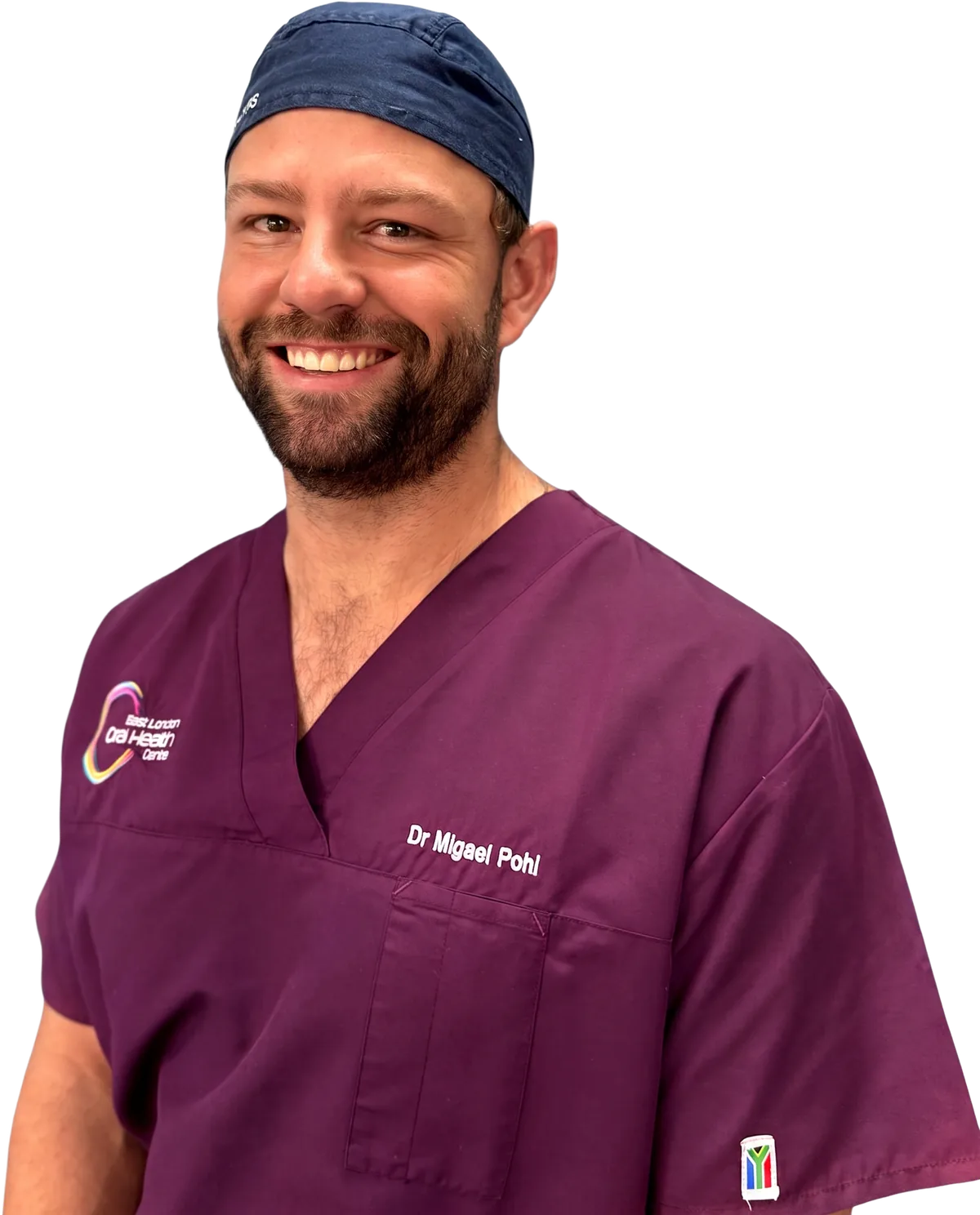 Dr Migael Pohl in surgical scrubs at East London Oral Health Centre